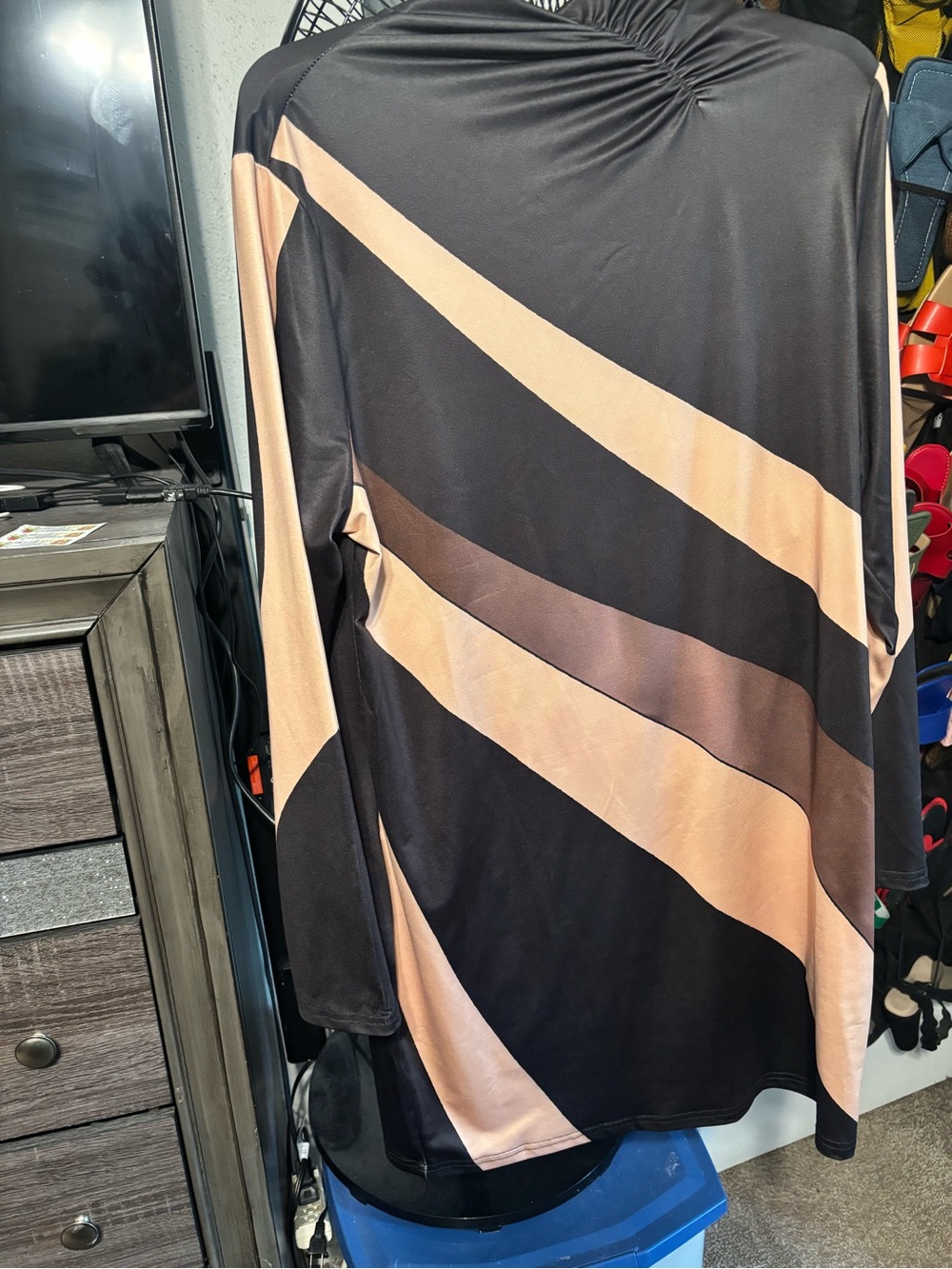 Black and Beige Diagonal Stripe Long Sleeve Top